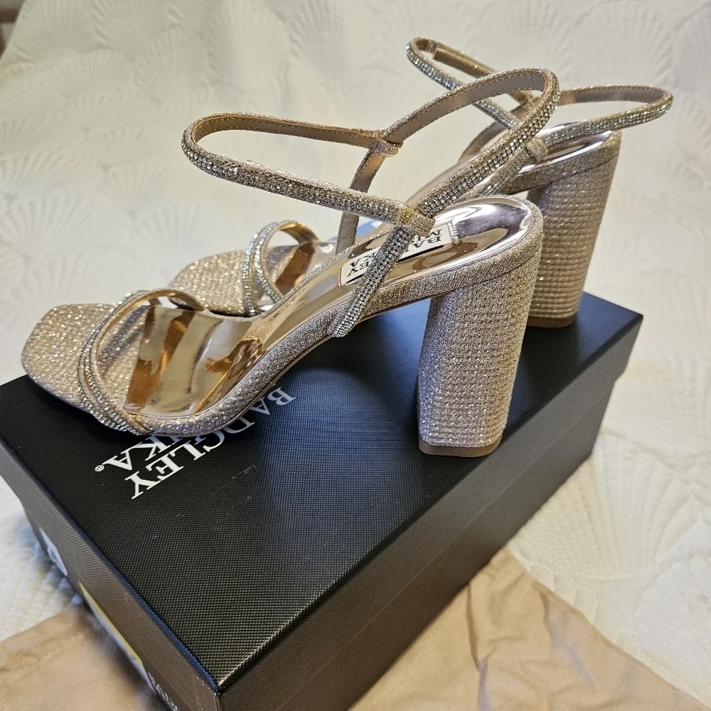 BLADGLY MISCHKA Fiery Pale Gold Bejeweled Block Heel Sandal NIB